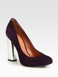 Classic suede pump is transformed by a head-turning lacquered heel. Suede and lacquered heel, 4¼ (110mm)Suede upperLeather lining and solePadded insoleImported