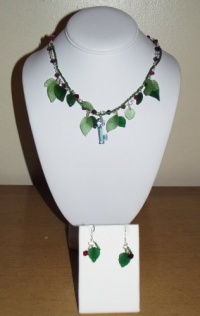 Le Cle Du Cave a Vin (The Key to the Wine Cellar) 3 Piece Set (Necklace and Earrings) - Handmade, Unique, Frosted Glass Leaves (2 Shades of Green), Authentic Swarovski Crystal, Beads and Chain