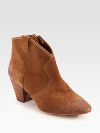 Finished with an exposed side zipper, intricate stitching and a low-cut vamp add Western inspiration to this suede ankle boot. Stacked heel, 2½ (65mm)Suede upperSide zipperLeather lining and solePadded insoleImported