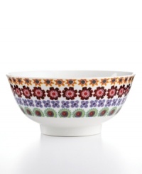 Go mod for this richly patterned Inside-Out bowl, featuring four rows of retro blooms in sturdy, everyday porcelain. (Clearance)