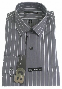 Geoffrey Beene Mens Gray Stripe Fitted Wrinkle Free Dress Shirt