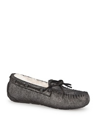 Slip into something more comfortable. This luxe shearling-lined slipper is rendered in soft suede with glittery coating.