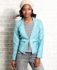 Buttery to the touch and sporting a slight asymmetrical hem, this faux-leather jacket from Dollhouse mixes blazer style with moto cool.