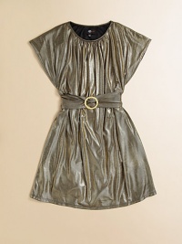 Crafted in a shiny metallic fabric, this eye-catching frock is party-ready with frilly flutter sleeves and a belted waist.ScoopneckFlutter sleevesPullover stylingBelted waistbandPolyester/SpandexMachine washImported Please note: Number of buttons may vary depending on size ordered. 