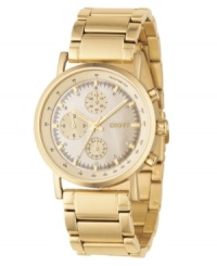 A light and bright design from DKNY. Chronograph watch features polished goldtone ion-plated bracelet and case. Tachymeter bezel. Champagne mother-of-pearl dial with logo, three subdials and shiny goldtone indexes with twinkling crystals. Three hands. Quartz movement. Water resistant to 50 meters. Two-year limited warranty.