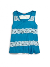 THE LOOKV necklineSleevelessStriped lace designTHE MATERIAL95% rayon/5% spandexTrim: nylonCARE & ORIGINMachine washMade in USA