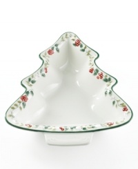 Timber! This tree-shaped serving bowl is a wonderfully whimsical addition to the timeless Winterberry pattern. Hand-painted holly leaves and bright red berries are accented with raised details and a rich green rim. From Pfaltzgraff's collection of dinnerware and dishes.