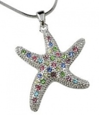 Cute Silver Plated Multicolor Pink, Blue, Green Crystal Sea Life Starfish Ocean Themed Pendant and Necklace