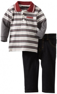 Calvin Klein Baby-boys Infant Stripes Polo Top With Jean, Red/Gray, 12 Months