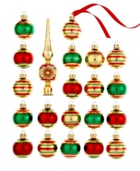 There's no better time to get nostalgic. A hand-painted tree topper and ball ornaments reminiscent of Kurt Adler's original 1940's designs recall beautiful memories of Christmas past. Featuring red and green stripes on glistening gold.