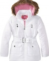 Dollhouse Girls Fleece Lined Hooded Long Bubble Jacket with Belt - White (Size 10/12)