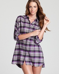 Channel flannel in DKNY's purple, black and gray sleepshirt with sleeves that can be worn long or three-quarter.