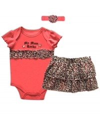 No matter how wild she gets, she'll look adorable in this bodysuit and animal print skirt with matching headband from Baby Essentials.