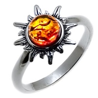 Certified Genuine Honey Amber and Sterling Silver Flaming Sun Ring, Sizes 5,6,7,8,9,10,11,18