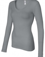 Bella Womens Andrea Sheer Rib Long Sleeve Longer-Length V Neck T Shirt. B8750