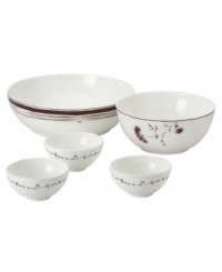 Dish it out in style! This compact, stackable set of bowls is perfect for putting out dips and sauces to colorful sides and salads. Includes one large serving bowl, one medium bowl and three small bowls. Coordinates with the beautiful Flourish dinnerware from Lenox Simply Fine.