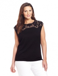 DKNYC Women's Plus-Size Cap Sleeve Pullover With Eyelette Blend