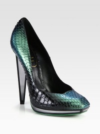 An iridescent watersnake pump with a mirrored platform and heel for modern appeal. Mirrored heel, 5¼ (130mm)Mirrored platform, ¾ (20mm)Compares to a 4½ heel (115mm)Watersnake upperSquare toeLeather lining and solePadded insoleMade in Italy