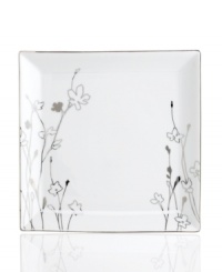 Wildflowers sparkle as they grow on the glazed white porcelain of these Platinum Silhouette Square plates from Charter Club dinnerware. The dishes have a banded edge that adds a classic touch to a pattern with modern spirit.