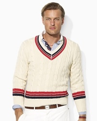 Imbued with a timeless athletic sensibility, a handsome cricket sweater is cable-knit from ultra-soft Pima cotton and accented with sporty stripes.