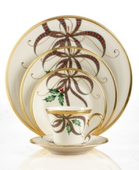 A mixture of Lenox's Holiday holly motif and their classic Christmas plaid ribbon creates an elegant design on precious 5-piece place settings from the holiday dinnerware and dishes collection. Scrolling accents and a rim of 24-karat gold finish the look with lasting grace.