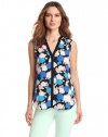 DKNYC Women's Printed Sleeveless V-Neck Button Thru Blouse With Chiffon Yoke, Black, Medium