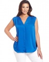 DKNYC Women's Plus-Size Sleeveless V-Neck Button Thru Blouse With Chiffon Yoke, Deep Cobalt, 2X