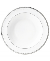 Romance weds modern sensibility in bridal designer Vera Wang's exquisite dinnerware and dishes collaboration with Wedgwood. Echoing the decorative touches that transform a bridal gown, Grosgrain's pure white bone china is adorned with a border of textured platinum ribbon. Pasta plate not shown.