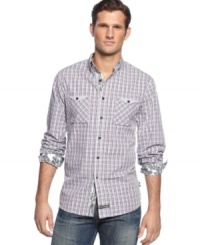 This plaid shirt from English Laundry edges out your normal preppy style for a sleek downtown-hip look.