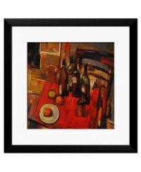 Model your kitchen table after this vibrant still life. Wine bottles and fresh fruit on a fiery red mat invigorate contemporary decor. A simple black frame and white mat add a polished finish.