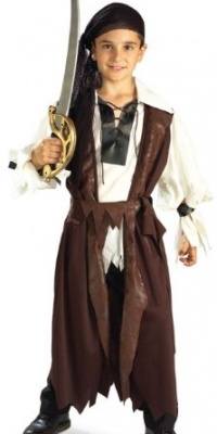 Kids Childrens Costume Caribbean Pirate Boy Outfit White Shirt Brown Vest Waist Sash Head Scarf