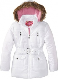 Dollhouse Girls Fleece Lined Hooded Long Bubble Jacket with Belt - White (Size 10/12)