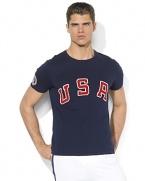 Celebrate Team USA's participation in the London 2012 Olympic Games with vintage style in this old-school custom-fit ringer T-shirt accented with sewn USA and Polo patches.