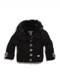 GUESS Kids Girls Big Girl Faux-Fur Trimmed Cardigan, BLACK (14)