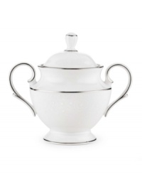 Beautiful and bridal-inspired, this white sugar bowl is richly textured with a delicate floral motif and raised, beaded accents. Finished with a band of polished platinum.