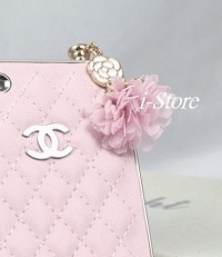 Designer inspired pink camellia Set - 3.5mm Anti dust Ear Cap Dock Plug + light pink Leather iPhone 4 4S case - iStore