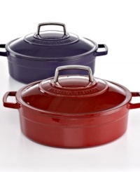 Your go-to for getting it done right in the kitchen, this versatile braiser is perfect for baking casseroles, browning meats and locking in tender, succulent flavors guests will go wild over. The heavy-duty construction distributes heat evenly, locking moisture in to slow-cooked stews and braised roasts. From prep to presentation, this attractive enameled cast iron pot goes with ease, featuring generously sized handles for a secure, confident grip. Lifetime warranty.