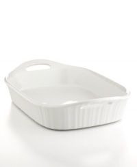 Just white for the occasion! A stunning ribbed design and striking white hue makes this baking & serving dish constant company on your table. Moves from oven to microwave to fridge to dishwasher with quick-grab side handles.