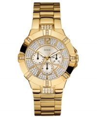 A touch of art deco style adds to the glam of this beautiful goldtone watch from GUESS. Goldtone stainless steel bracelet and round case. Round bezel with crystal accents and goldtone dial with three subdials, logo, stick indices and crystal accents. Quartz movement. Water resistant to 100 meters. Ten-year limited warranty.