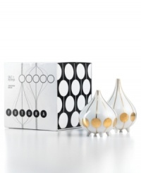 Jonathan Adler offers a taste of the future with undeniably cool salt and pepper shakers. Footed teardrop shapes are a blast in white porcelain with goldtone stripes and spots.