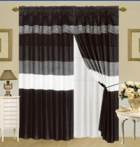 MODERN BLACK / WHITE / GREY FAUX SILK Taffeta Window Curtain / Drape Set with Sheer Backing 120-by-84-Inch