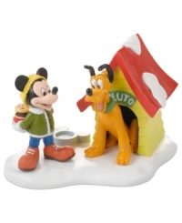 No bones about it, Pluto is filled with excitement over the special holiday treat Mickey delivers to his dog house. A joyous moment in Mickey's Christmas Village, from Department 56.