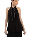 BCBG Maxazria Women's Lace Panel Halter Top Black LG