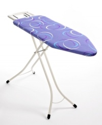 A rest for pressing matters! An innovative design features a built-in iron rest, so you have peace of mind, ease and stability when you place the iron down in between garments or on a run to the laundry room. Easily adjusting to four different heights for customized comfort, this board has a large, stable ironing surface so you can pick up the pace and still have perfect results. 10-year warranty.