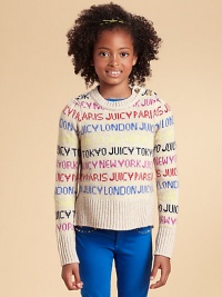 Covered in the names of famous locales like London and Paris, this crewneck sweater is perfect for the little cosmopolite.Ribbed crewneckButton closure at shoulderLong sleeves with ribbed cuffsRibbed hem39% polyamide/33% wool/14% modal/12% viscose/2% alpacaDry cleanImported