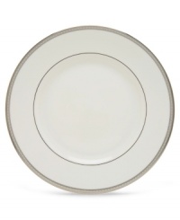 Metropolitan sensibility and modern design combine in this understated white bone china from Lenox's collection of dinnerware and dishes. Platinum gild along the edge of this dinner plate is enhanced by a clean, platinum geometric pattern reminiscent of architectural details. Accent plates feature the geometric pattern along the interior verge, with a thin platinum band along the outer rim.