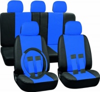 PU Faux Leather Seat Covers Full 17 Piece Set Blue and Black for Car Truck SUV Van