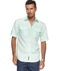 Double up. You'll get extra style points in this double-pocket, pieced shirt from Cubavera.