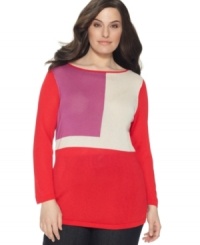 Brighten up your casual style this season with Jones New York Collection's long sleeve plus size top, highlighted by a colorblocked design. (Clearance)