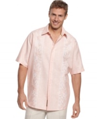 Lighten the mood. Get in the spirit of relaxing with this embroidered, lightweight shirt from Cubavera.